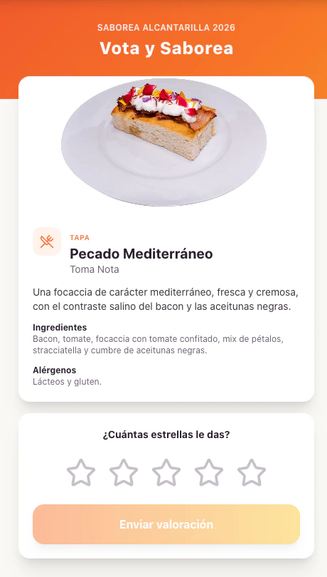 Pantalla de votación de Saborea Alcantarilla 2026: la tapa «Pecado Mediterráneo», con sus ingredientes, alérgenos y una valoración de una a cinco estrellas.