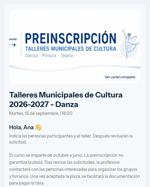 Pantalla de preinscripción en los Talleres Municipales de Cultura 2026-2027, primer paso del formulario.