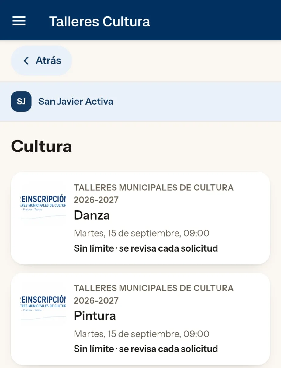 San Javier Activa, sección «Talleres Cultura»: talleres municipales de Cultura 2026-2027 de danza y pintura.