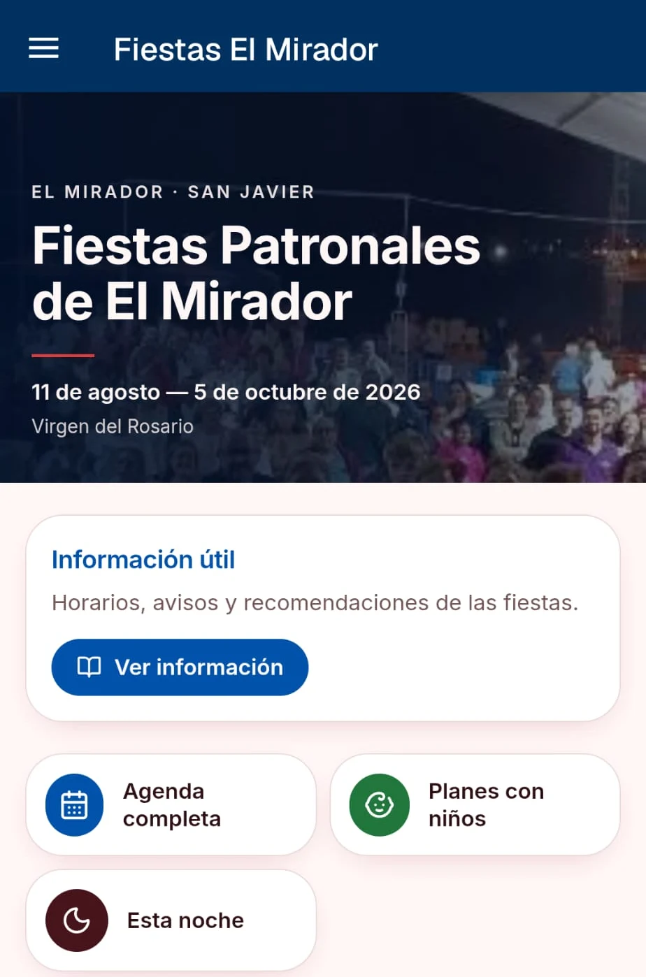 San Javier Activa, sección «Fiestas El Mirador»: Fiestas Patronales de El Mirador, con información útil, agenda completa, planes con niños y «Esta noche».