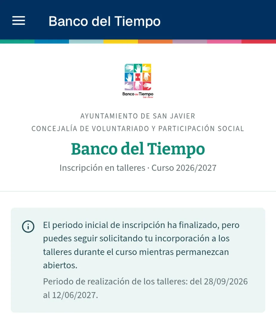 San Javier Activa, sección «Banco del Tiempo»: Concejalía de Voluntariado y Participación Social, inscripción en talleres del curso 2026/2027.