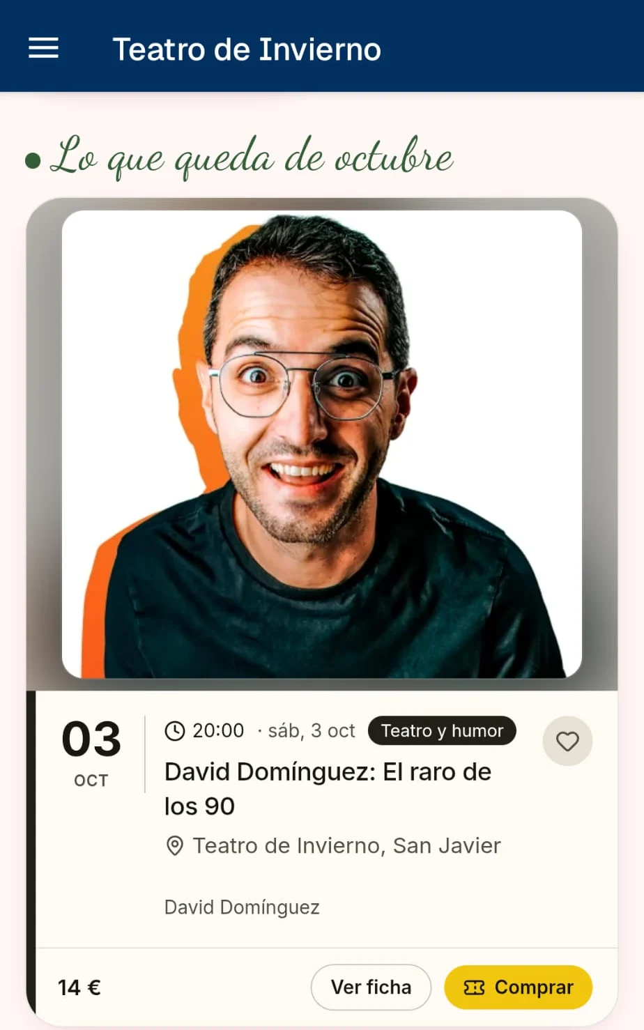 San Javier Activa, sección «Teatro de Invierno»: programación de octubre con un espectáculo de teatro y humor, su ficha y la compra de entradas.