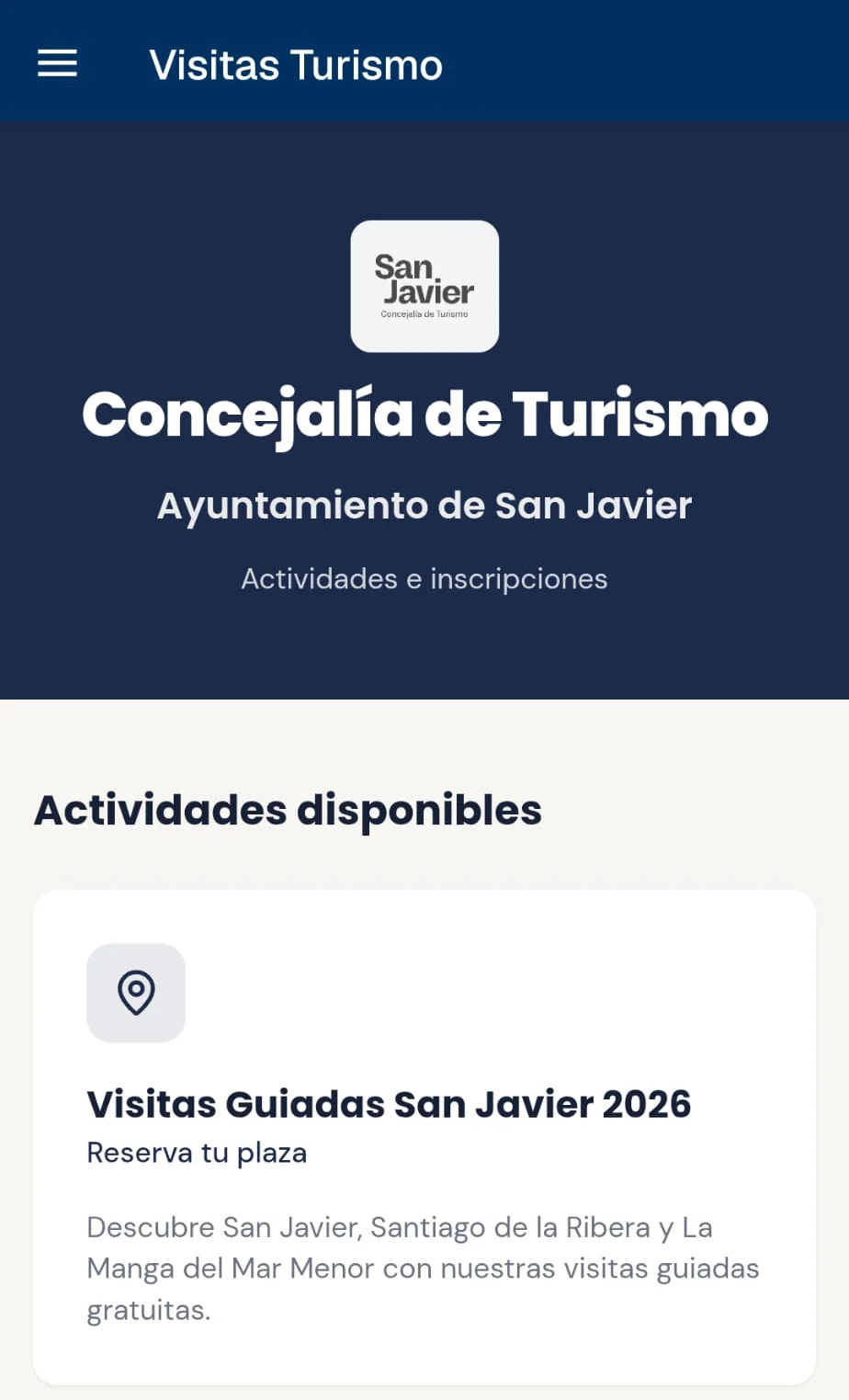 San Javier Activa, sección «Visitas Turismo»: Concejalía de Turismo del Ayuntamiento de San Javier, con la actividad «Visitas Guiadas San Javier 2026» y «Reserva tu plaza».