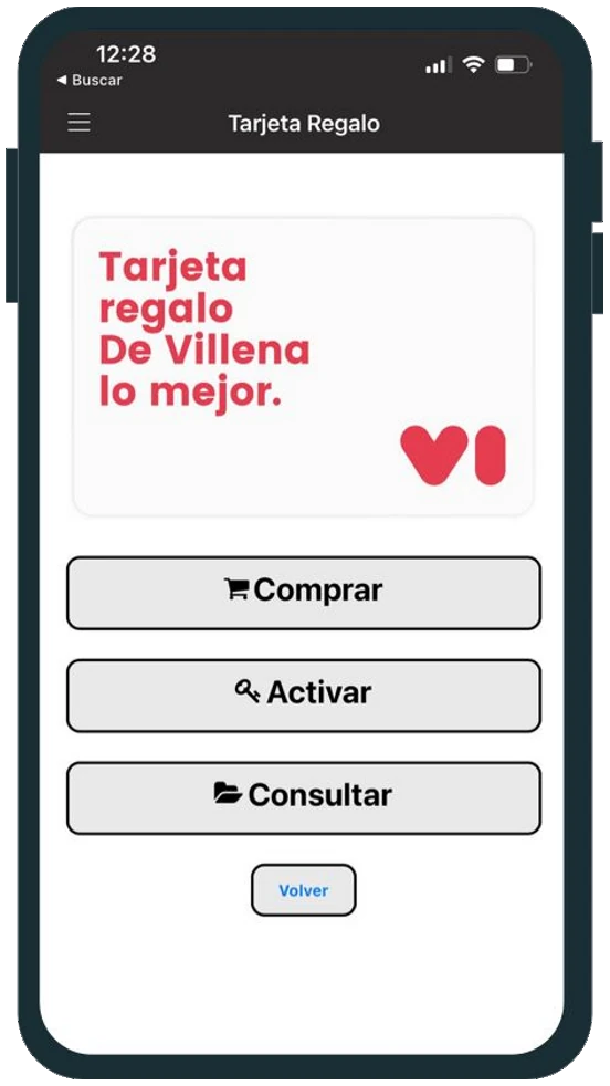 Captura real de la tarjeta regalo de Villena, con opciones de comprar, activar y consultar.