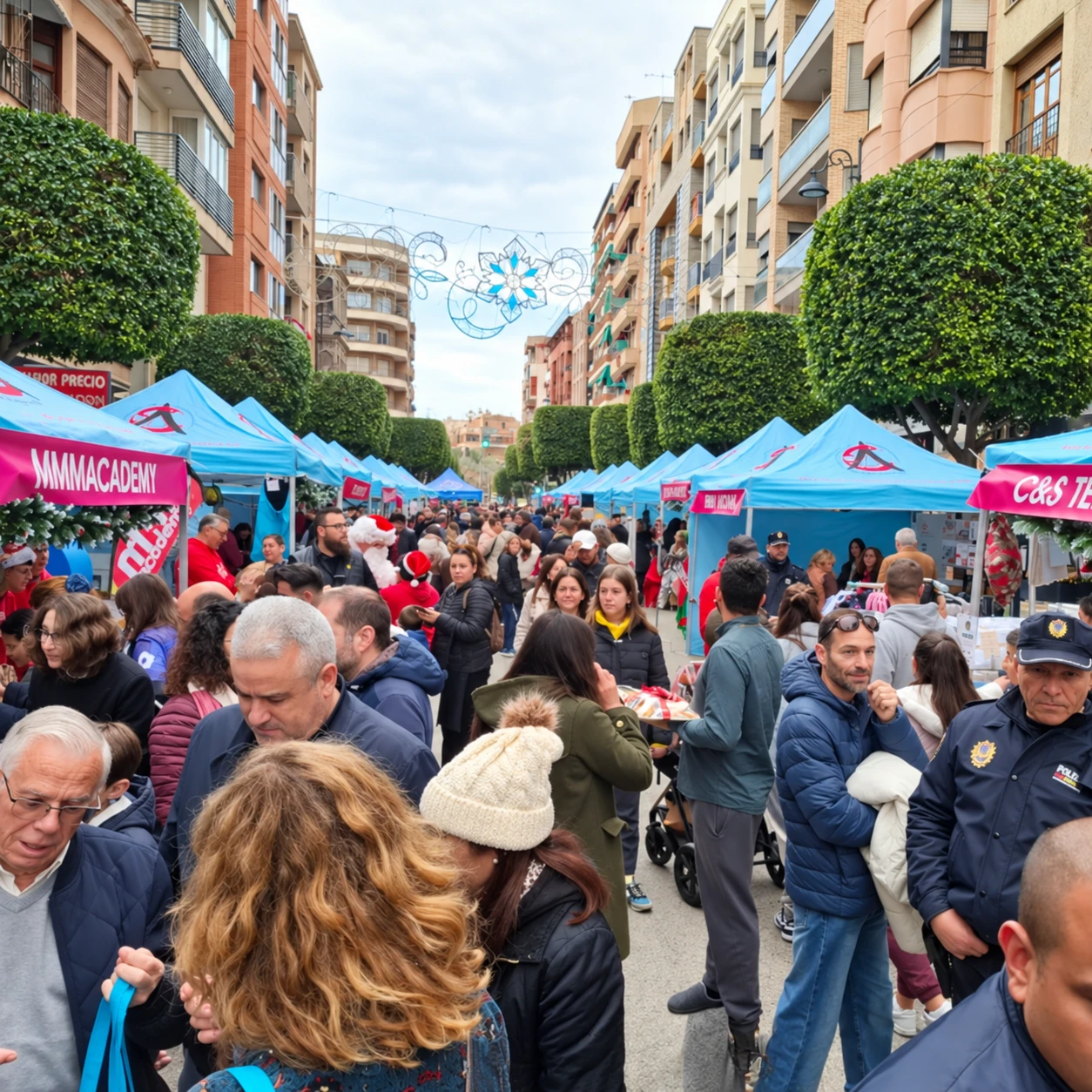 Una feria de comercio local llena de personas y puestos en una calle urbana.