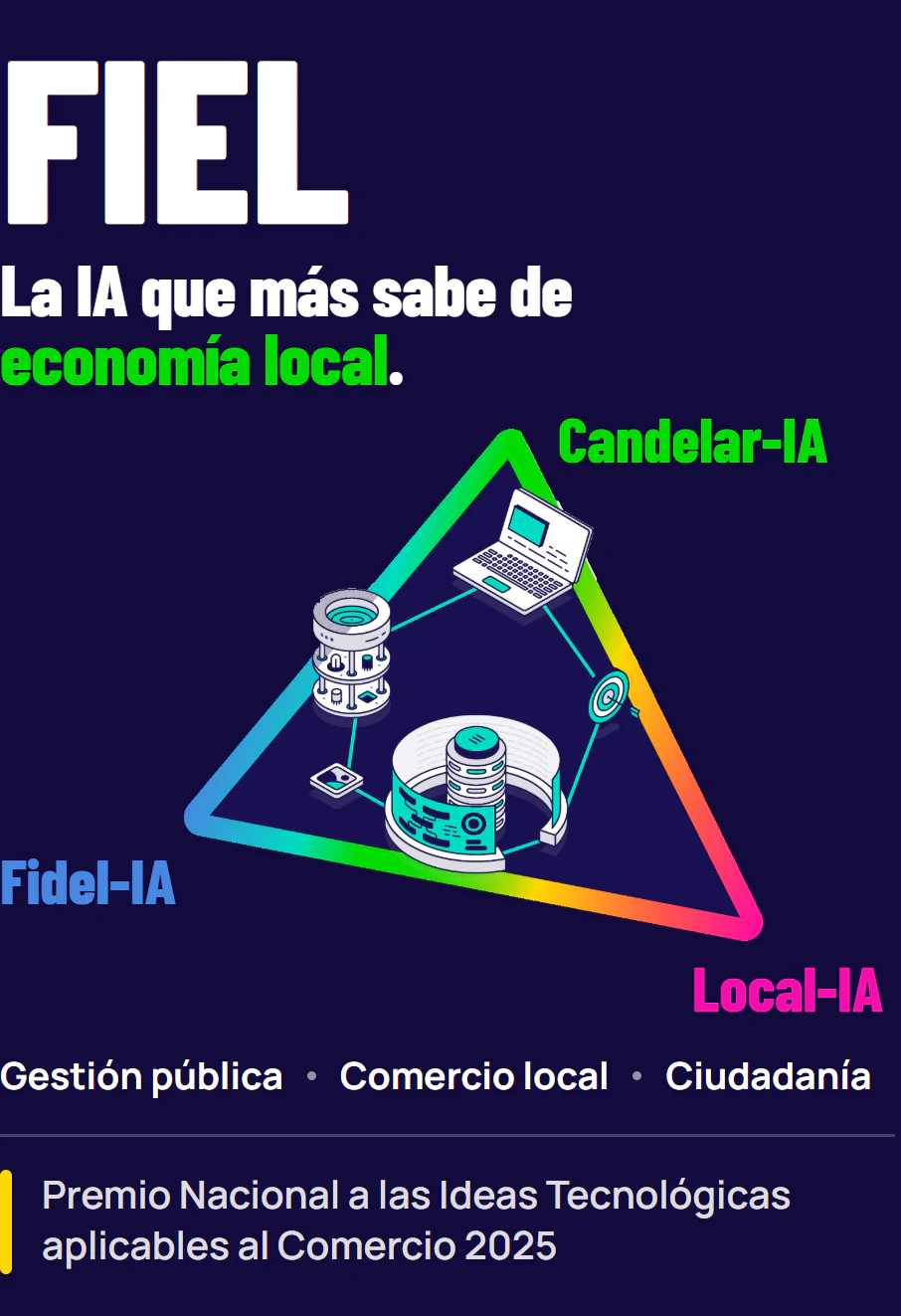 FIEL, la IA que más sabe de economía local: el triángulo del ecosistema con sus tres agentes, Candelar-IA, Fidel-IA y Local-IA, para la gestión pública, el comercio local y la ciudadanía. Premio Nacional a las Ideas Tecnológicas aplicables al Comercio 2025.
