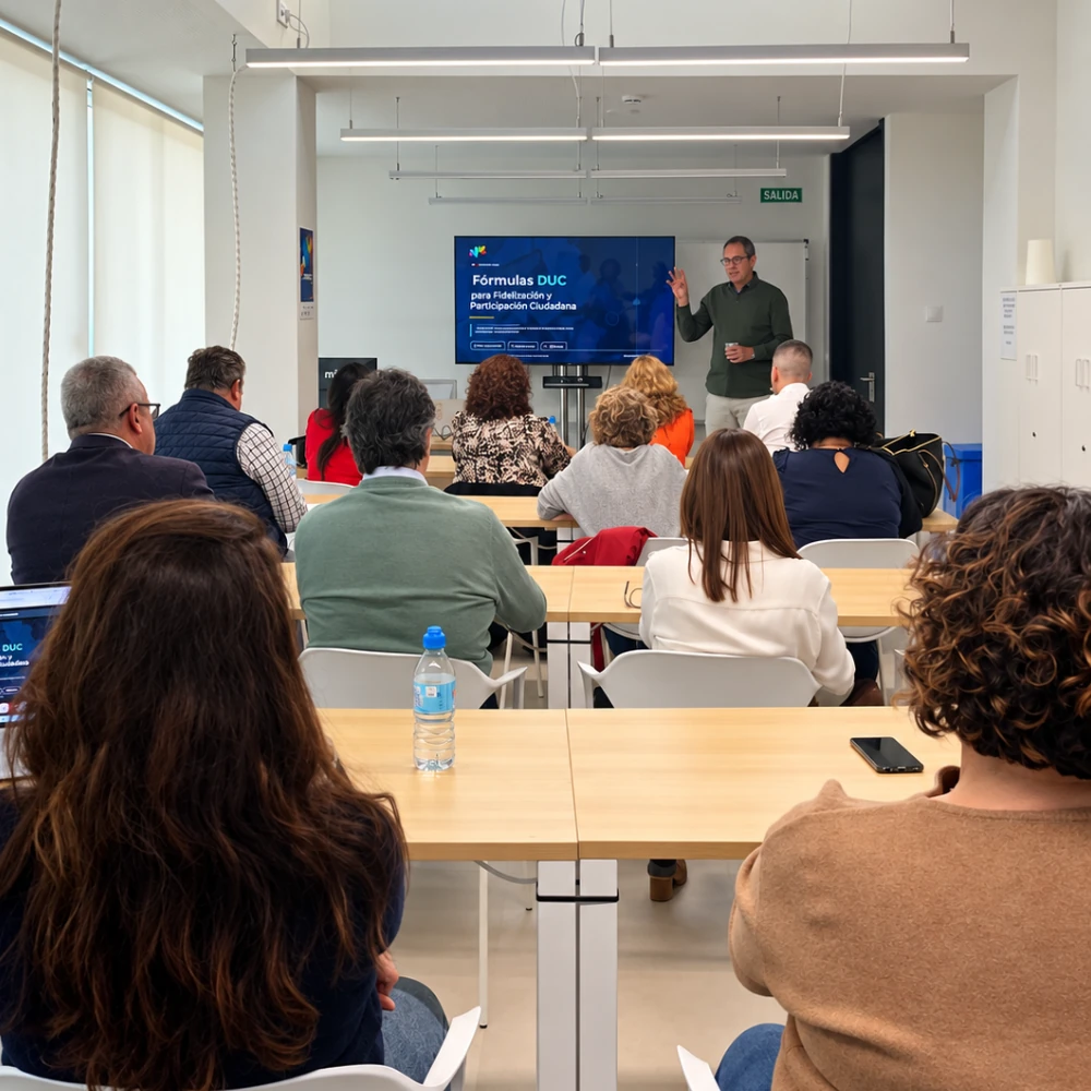 Taller sobre fidelización y participación ciudadana, con el formador, la pantalla de Fórmulas DUC y los asistentes.